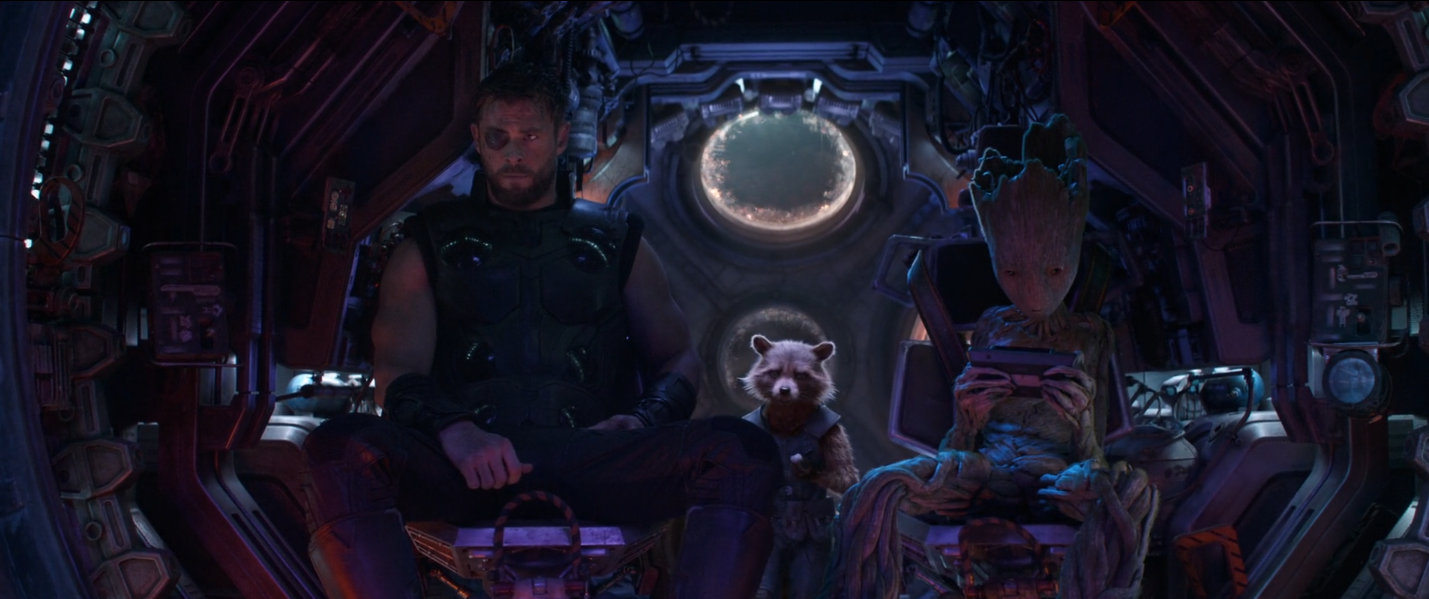 Thor, Rocket and Groot sitting